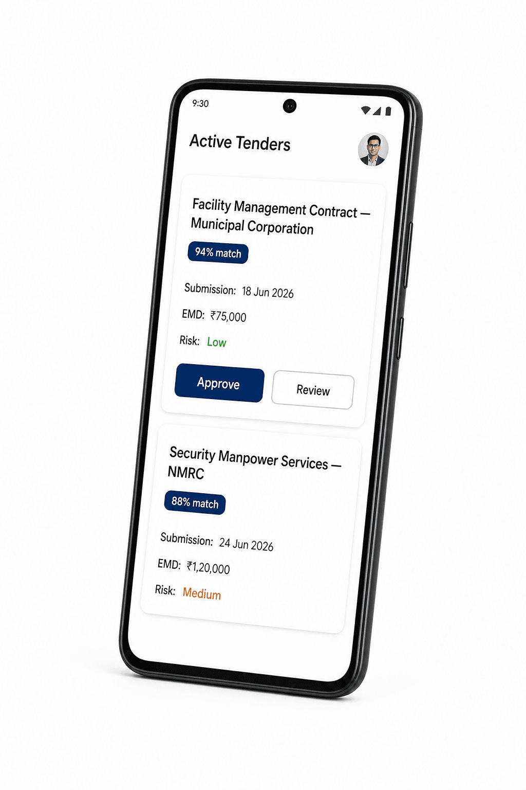 RFXLane mobile approval view showing matched active tenders and approval actions.